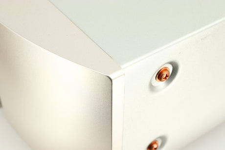 Close up of a used Marantz CD6006 UK Edition CD Player in a silver finish showing small scratch on right side