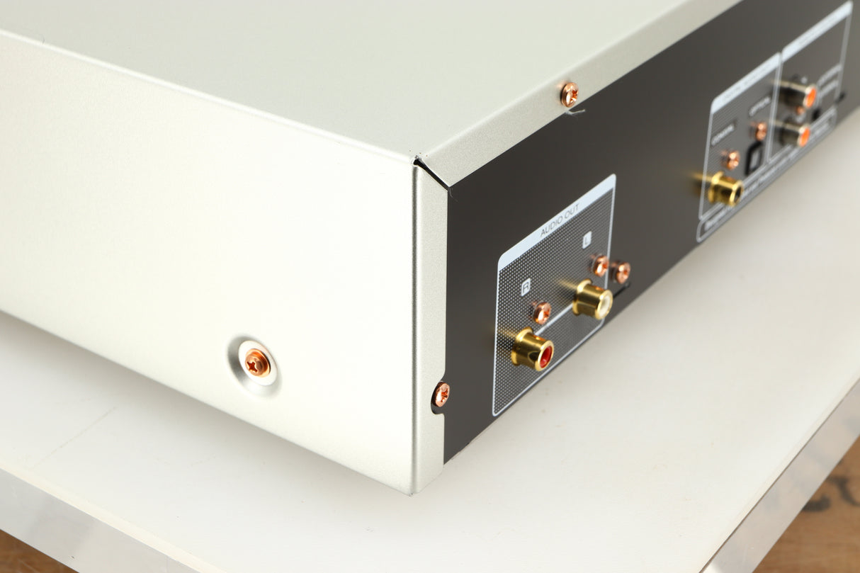 Rear right corner of a used Marantz CD6006 UK Edition CD Player in a silver finish