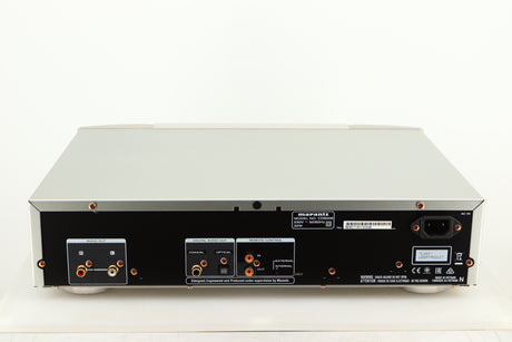 Rear view of a used Marantz CD6006 UK Edition CD Player in a silver finish showing Mains Input, Phono Input and Phono Outputs