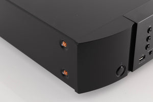 Front left corner of a used Marantz CD6007 CD Player in a Black finish