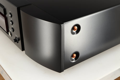 Front right corner of a used Marantz CD6007 CD Player in a black finish
