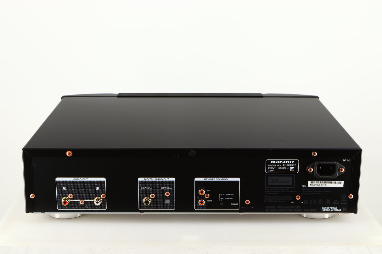 Rear view of a used Marantz CD6007 CD Player in a black finish showing Mains Input, Phono Outputs and Optical Output