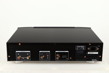 Rear view of a used Marantz CD6007 CD Player in a black finish showing Mains Input, Phono Outputs and Optical Output