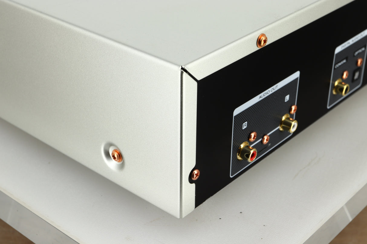 Close up view of the rear left corner of a used Marantz CD6007 CD Player in silver finish 