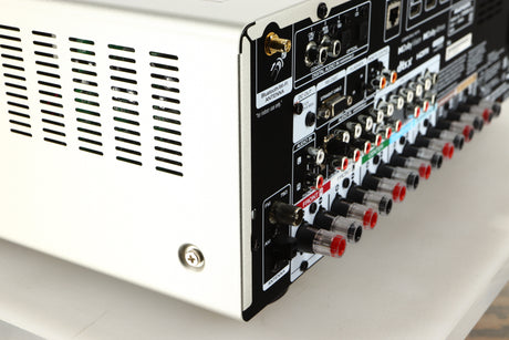 Rear right corner of a used Marantz Cinema 60 AV Receiver in a silver finish