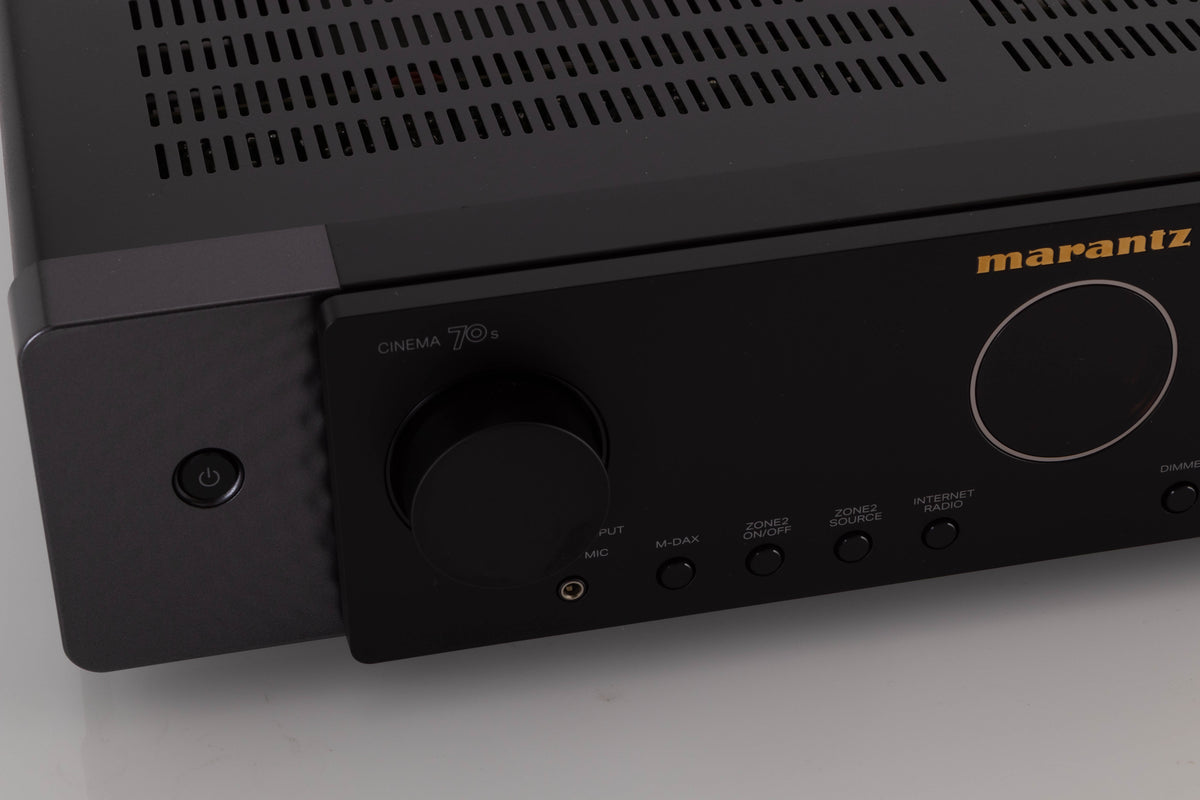 Close up view of a used Marantz Cinema 70s AV Amplifier in Black