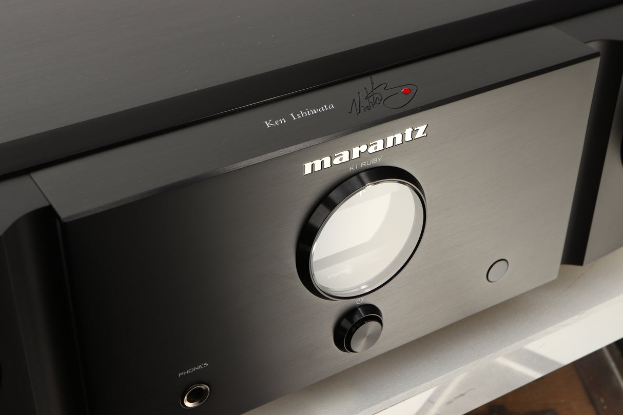 Close up of a used Marantz KI Ruby Integrated Amplifier in a black finish showing fascia