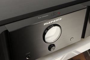 Close up of a used Marantz KI Ruby Integrated Amplifier in a black finish showing fascia