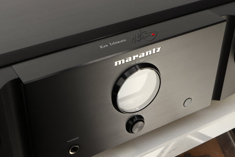 Close up of a used Marantz KI Ruby Integrated Amplifier in a black finish showing fascia