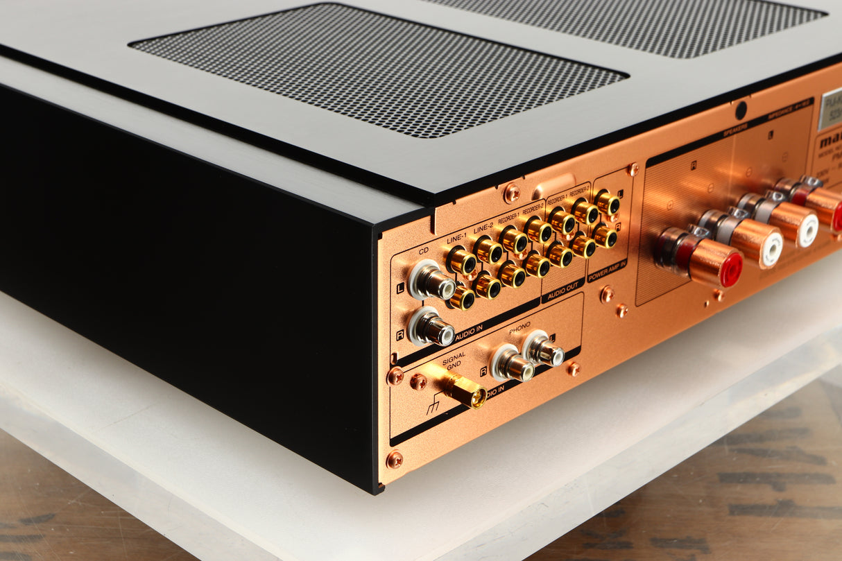 Rear right corner of a used Marantz KI Ruby Integrated Amplifier in a black finish 