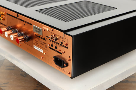 Rear left corner of a used Marantz KI Ruby Integrated Amplifier in a black finish 