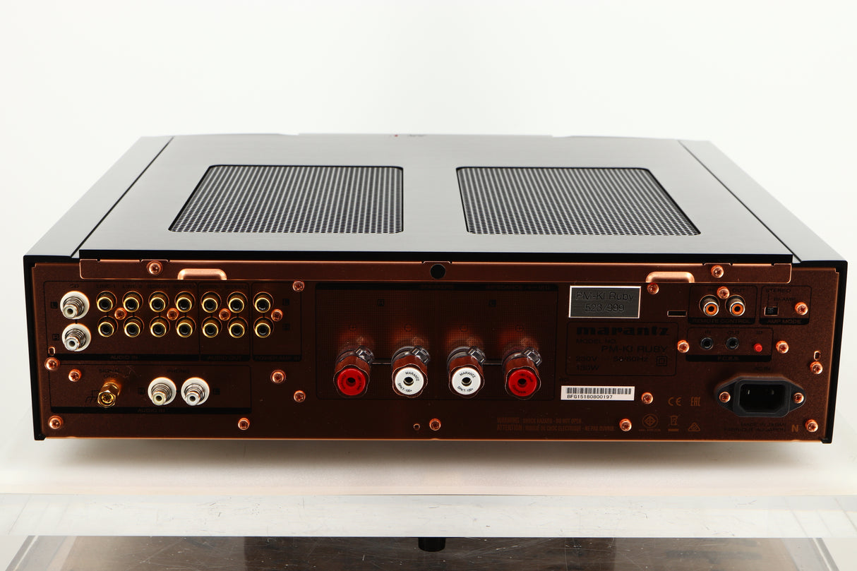 Rear view of a used Marantz KI Ruby Integrated Amplifier in a black finish showing Phono Inputs, Phono Outputs, Mains Input and Speaker Outputs