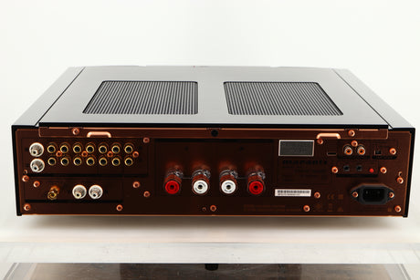 Rear view of a used Marantz KI Ruby Integrated Amplifier in a black finish showing Phono Inputs, Phono Outputs, Mains Input and Speaker Outputs