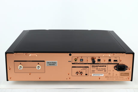 Rear view of a used Marantz KI Ruby Limited Edition SACD Player in a black finish showing Mains Input, Optical Input, USB Input and Phono Input/Outputs
