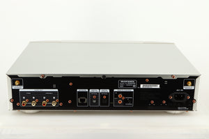 Rear view of a used Marantz NA6006 Network Player in a silver finish showing Mains Input, Optical Output, Phono Outputs and Ethernet Input