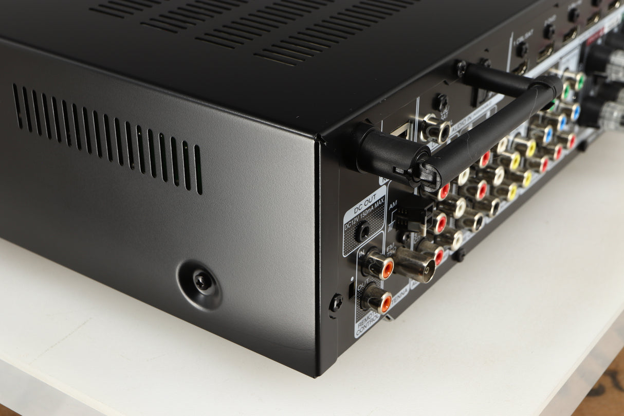 Rear right corner of a used Marantz NR1606 AV Receiver in a black finish