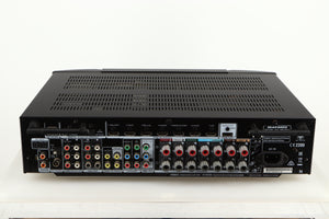 Rear view of a used Marantz NR1606 AV Receiver in a black finish showing Mains Input, Phono Inputs, Phono Outputs, HDMI Output, HDMI Inputs, Network Input, Speaker Inputs and Optical Input