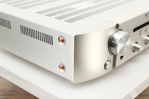 Front left corner view of a used Marantz PM6006 UK Edition Integrated Amplifier in Silver finish