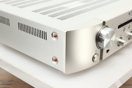 Front left corner view of a used Marantz PM6006 UK Edition Integrated Amplifier in Silver finish