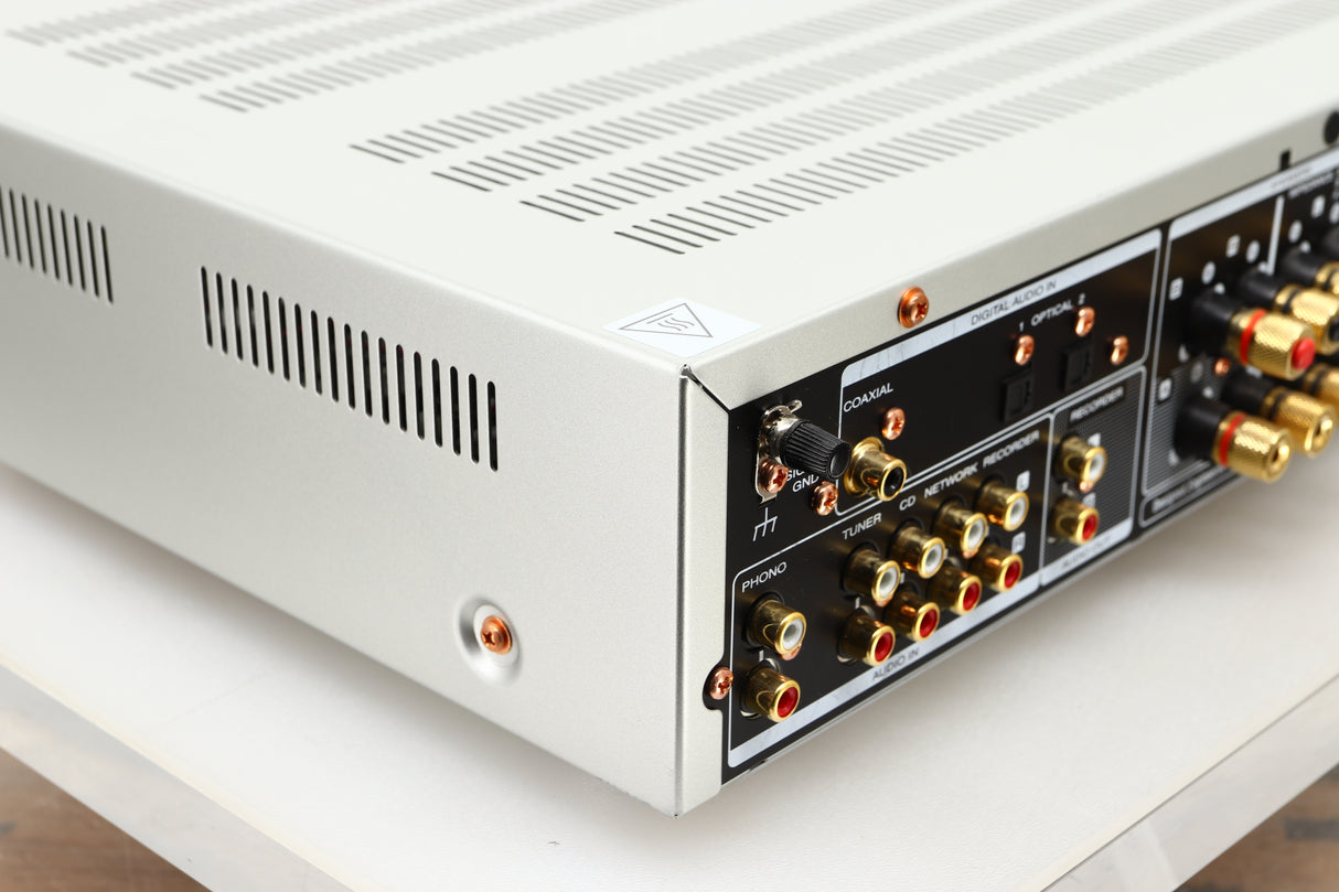 Rear left corner view of a used Marantz PM6006 UK Edition Integrated Amplifier in Silver finish