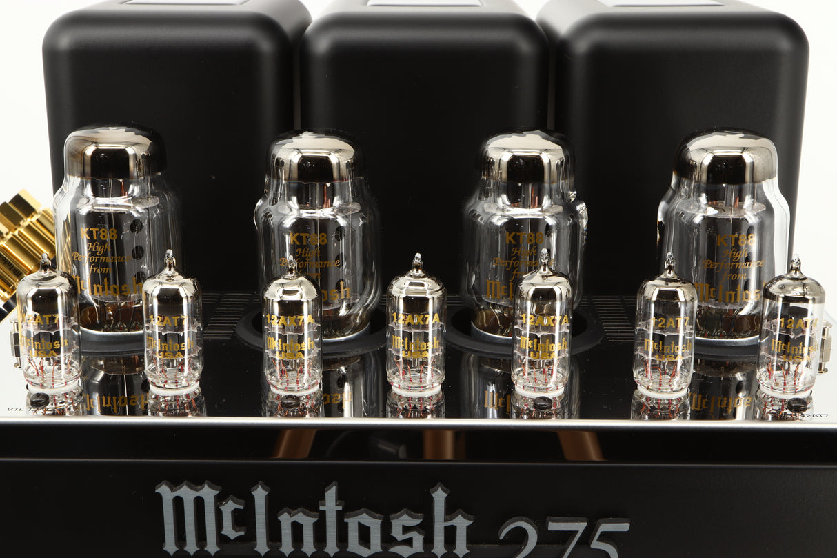 Close up view of a used McIntosh MC275 MK VI Power Amplifier showing the valves