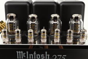 Close up view of a used McIntosh MC275 MK VI Power Amplifier showing the valves