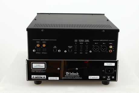Rear view of a used McIntosh MCD85 CD / SACD Player in a silver / black finish showing Mains Input, Optical Input and Phono Inputs