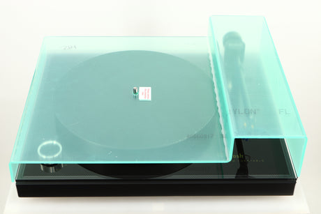 Top view of a used McIntosh MT2 Turntable showing cover with protective film still in place 