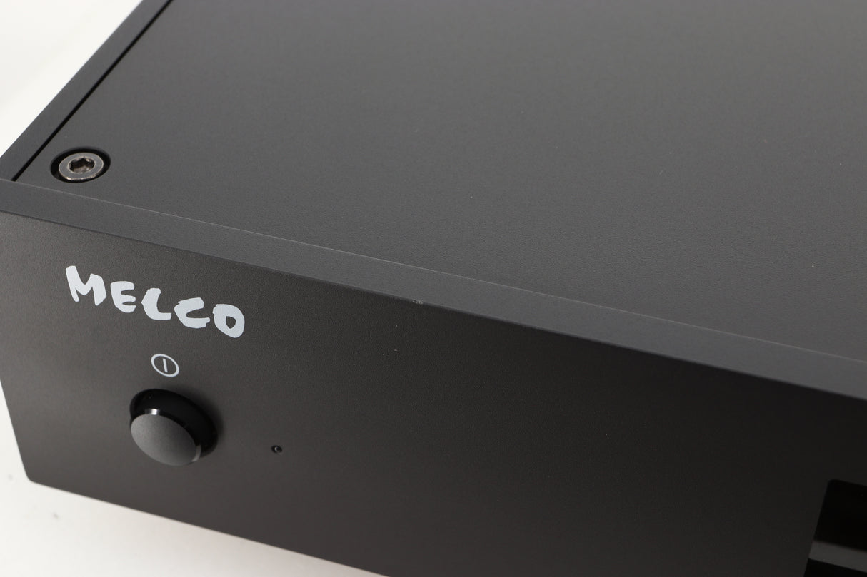 Close up view of a used Melco HA-N1Z/2EX-H60 Music Server in Black finish showing a small mark on the front edge