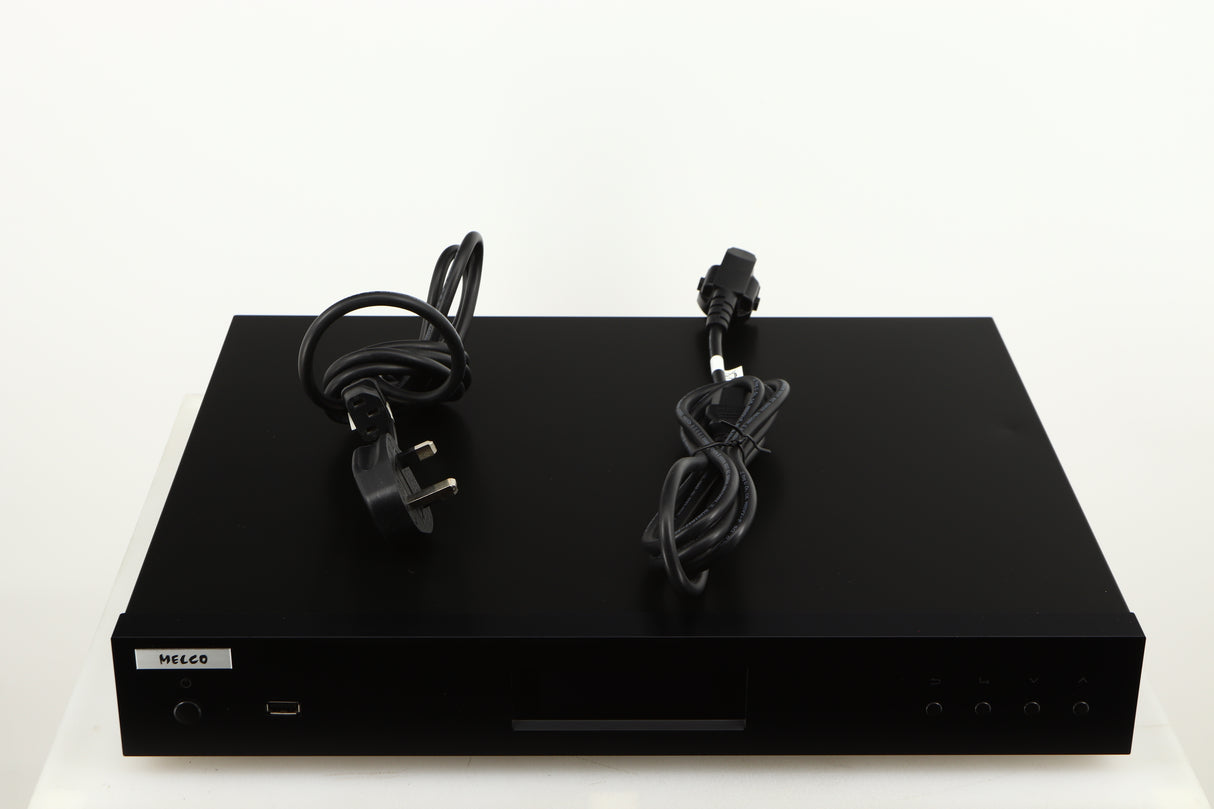 Top of a used Melco N1A Music Server in a black finish showing Mains Cable and Schuko Cable 