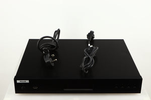 Top of a used Melco N1A Music Server in a black finish showing Mains Cable and Schuko Cable 