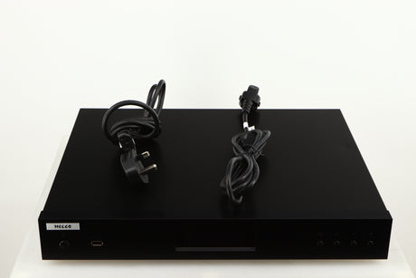 Top of a used Melco N1A Music Server in a black finish showing Mains Cable and Schuko Cable 