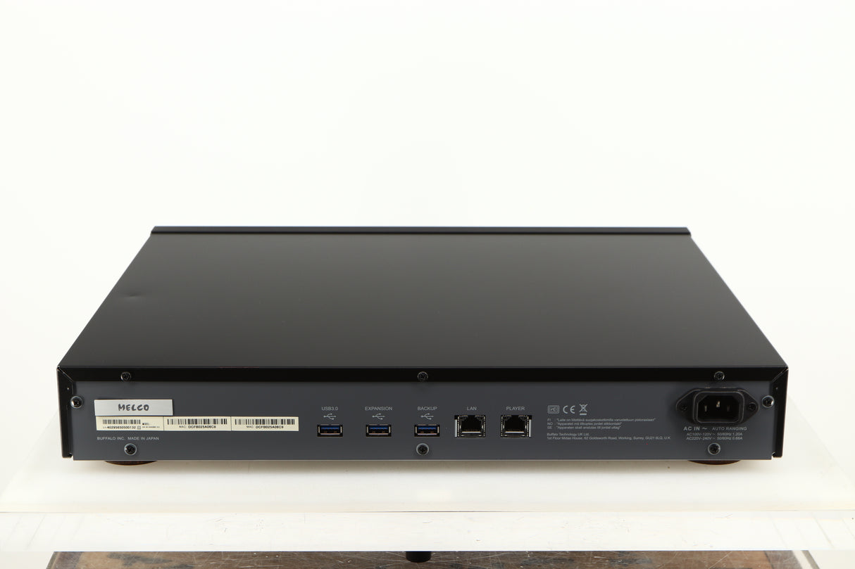 Rear view of a used Melco N1A Music Server in a black finish showing Mains Input, Network Input and USB Input