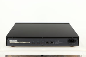 Rear view of a used Melco N1A Music Server in a black finish showing Mains Input, Network Input and USB Input