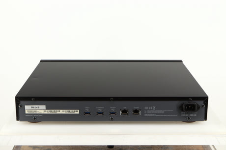 Rear view of a used Melco N1A Music Server in a black finish showing Mains Input, Network Input and USB Input