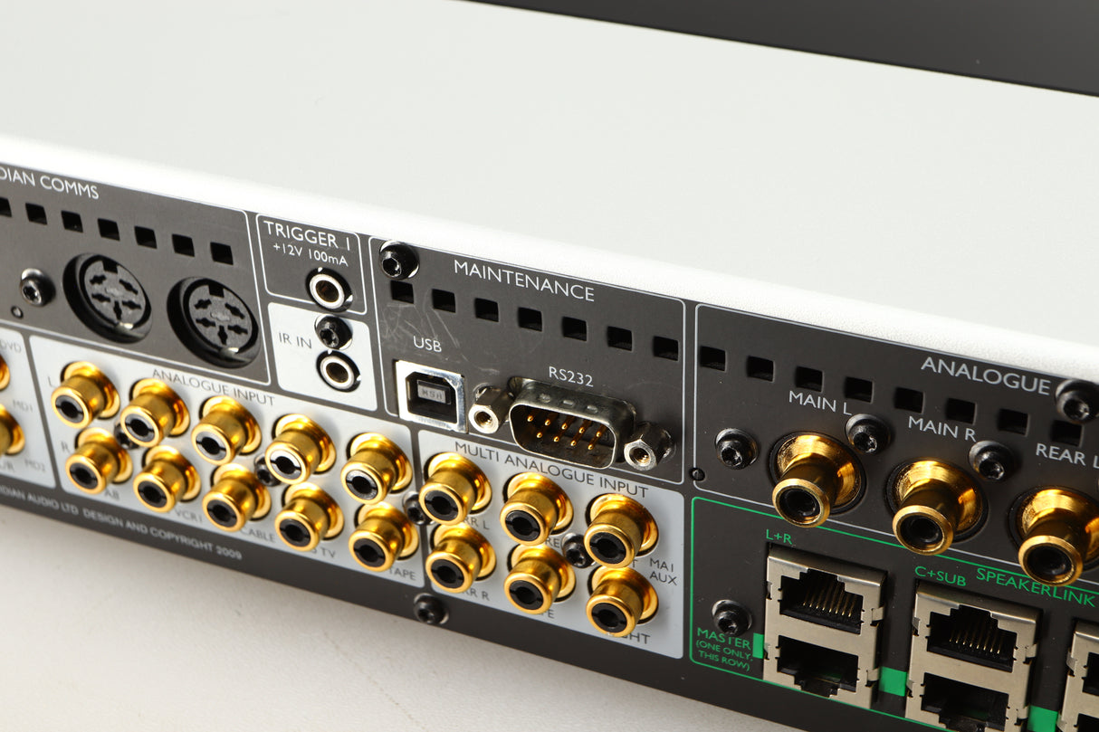 Close up of a used Meridian G61R Controller in a silver finish showing scratching on rear