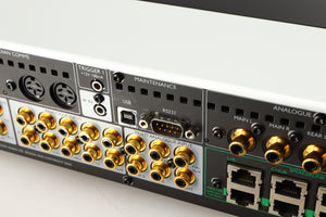 Close up of a used Meridian G61R Controller in a silver finish showing scratching on rear