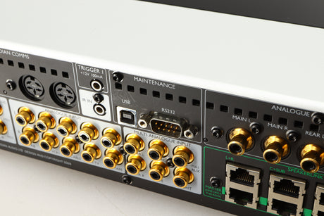 Close up of a used Meridian G61R Controller in a silver finish showing scratching on rear