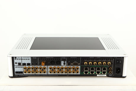 Rear view of a used Meridian G61R Controller in a silver finish showing Phono Outputs, Phono Inputs, Mains Input, Optical Inputs, Optical Outputs and USB Input
