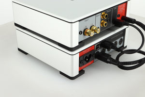 Rear left view of a used Meridian Prime Headphone Amplifier and Power Supply in silver finish