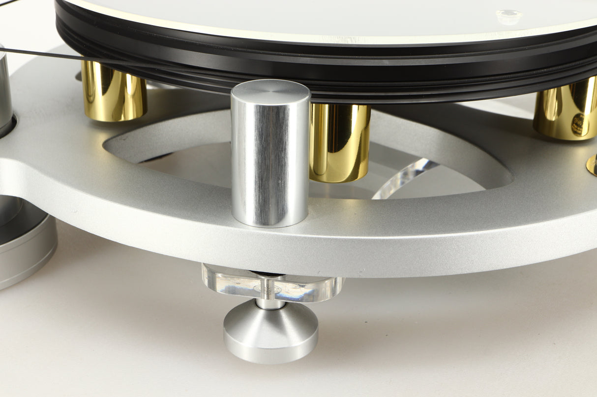 Front left corner view of a used Michell Gyro SE Turntable in Silver finish with RB2000 Tonearm