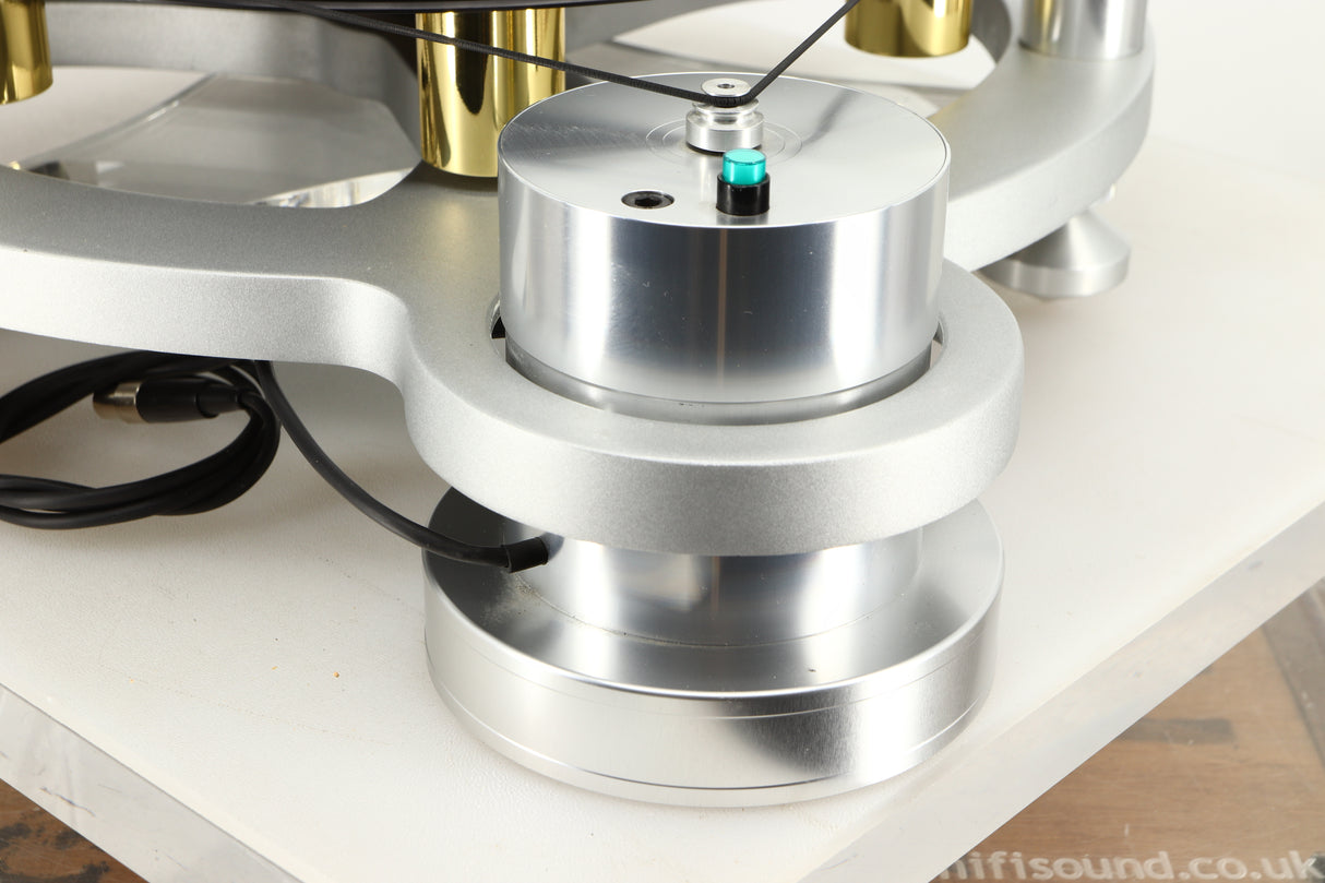 Rear right corner view of a used Michell Gyro SE Turntable in Silver finish with RB2000 Tonearm