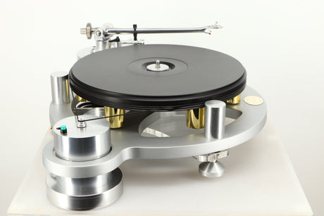 Side view of a used Michell Gyro SE Turntable in Silver finish with RB2000 Tonearm