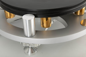 Front left corner view of a used Michell Gyro SE Turntable in Silver