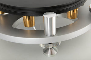 Front right corner view of a used Michell Gyro SE Turntable in Silver