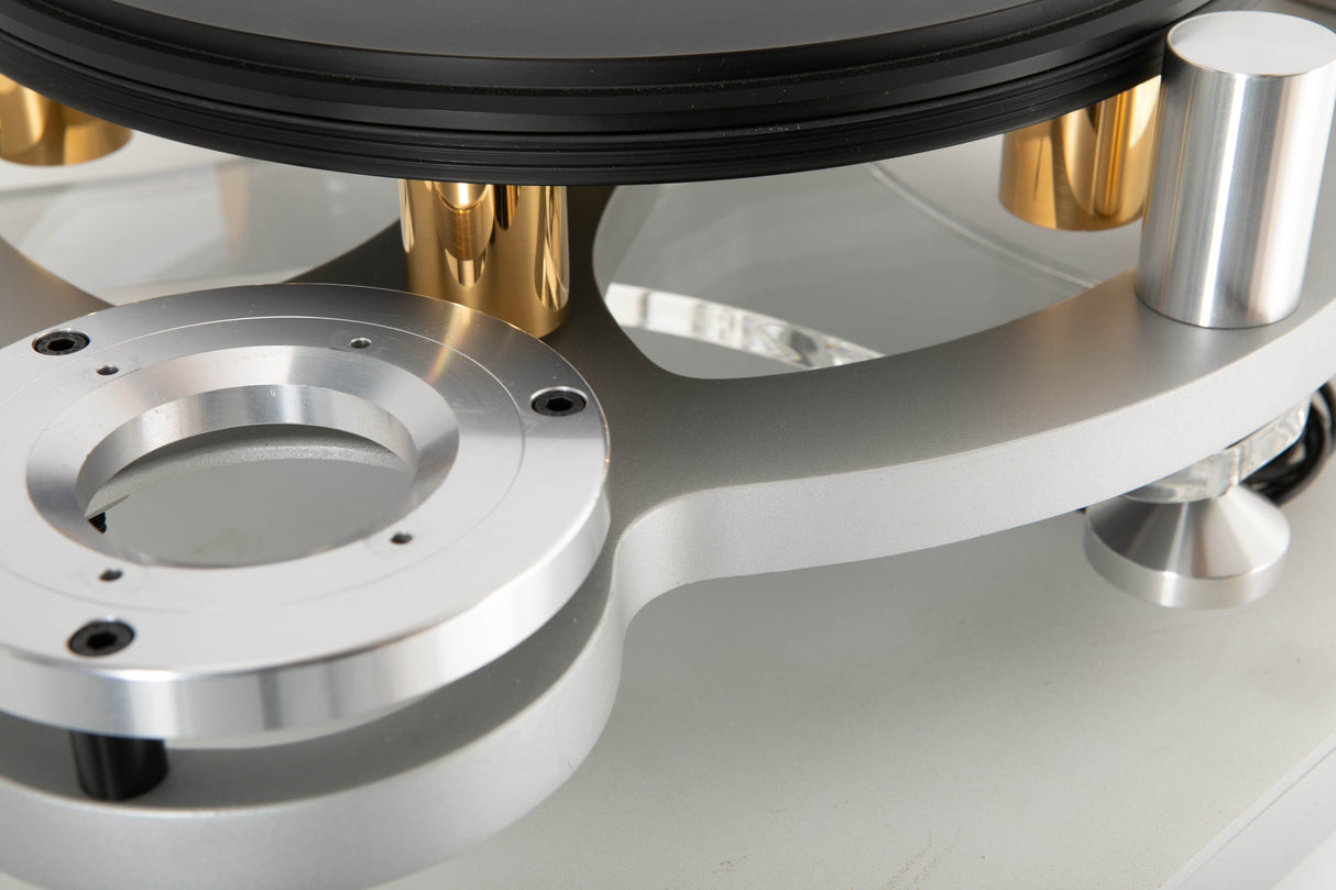 Rear left corner view of a used Michell Gyro SE Turntable in Silver