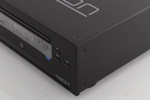Front right corner of a used Mission 778CDT CD Transport in a Black finish