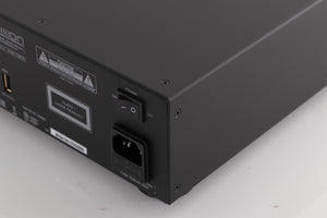 Rear left corner of a used Mission 778CDT CD Transport in a Black finish