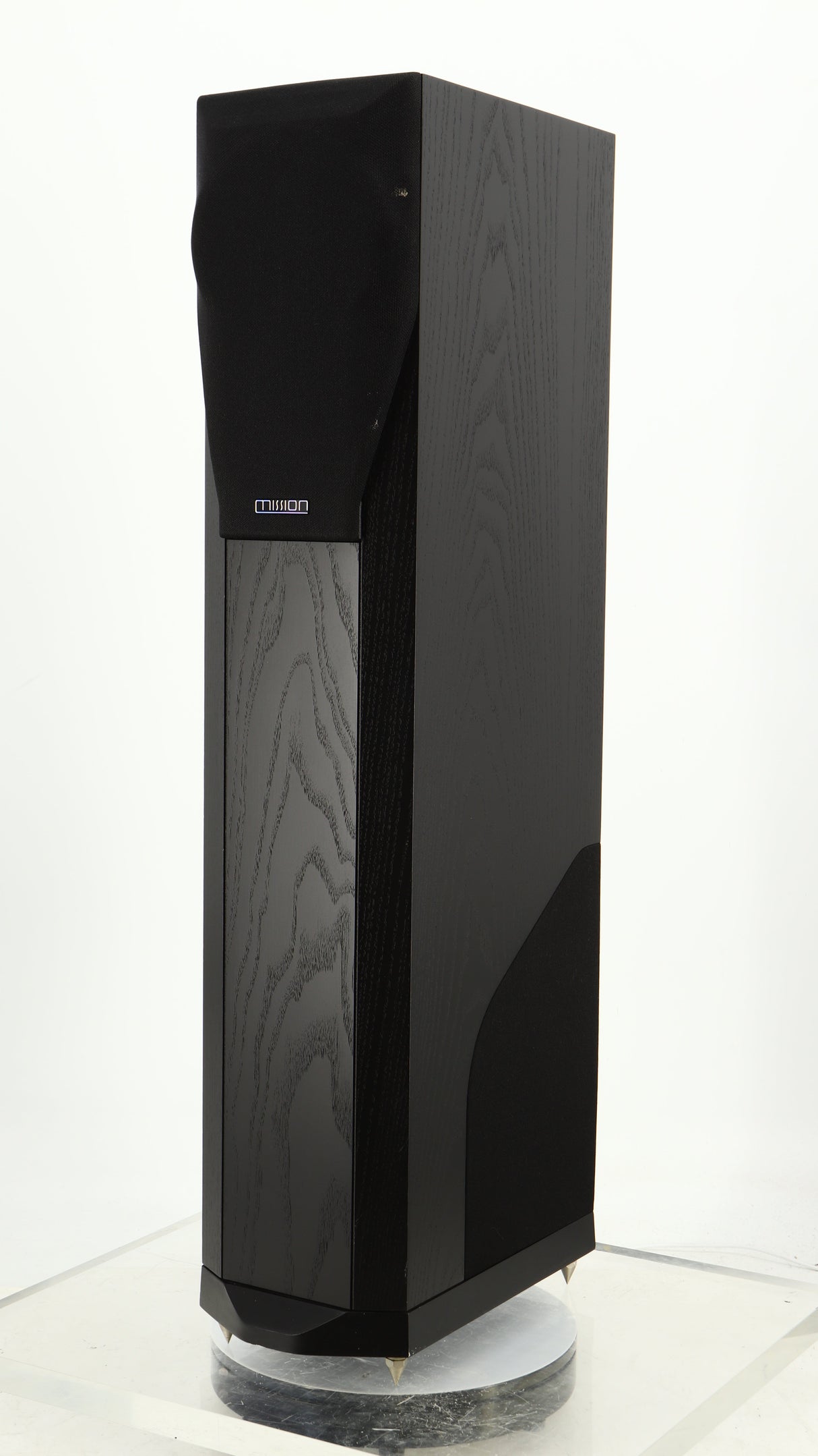 Front right corner of a used Mission 782 Floorstanding Speaker in a black finish showing Grille