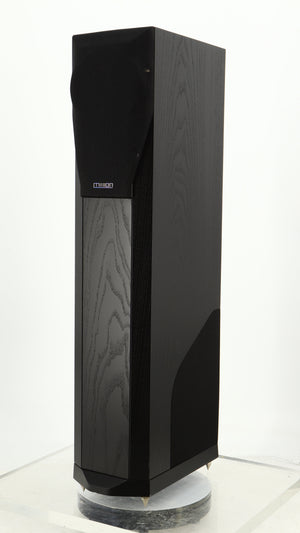 Front right corner of a used Mission 782 Floorstanding Speaker in a black finish showing Grille